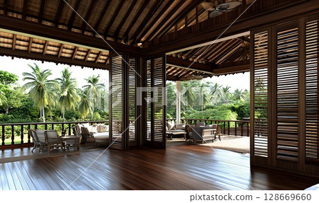 Tropical house veranda with lush garden view open shutters warm lighting 128669660