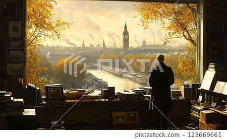 Cityscape view from window autumn sunlight man in coat 128669661