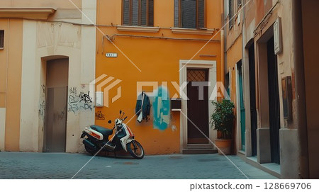 Urban alleyway with parked scooter warm colors and textured walls 128669706