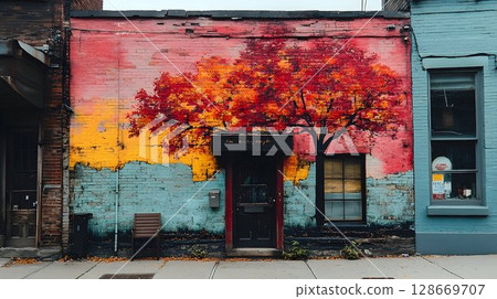 Autumn tree mural on urban building wall red yellow orange colors 128669707