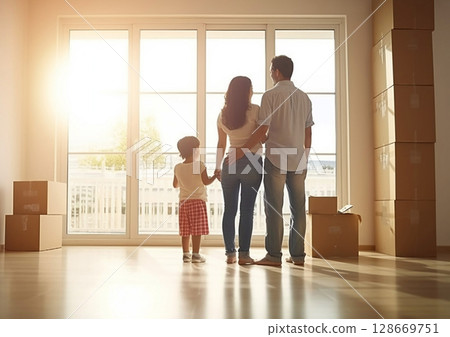Family moved to their new home and looking through large window.Macro.AI Generative 128669751