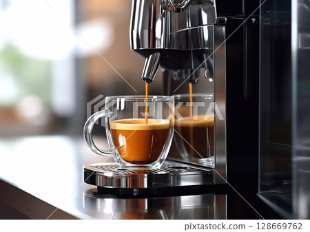 Morning coffee is poured into the cup from professional espresso machine in cafeteria.AI Generative 128669762