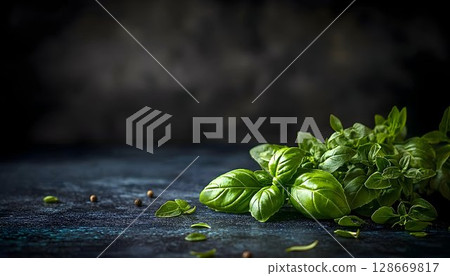 Fresh green basil leaves on dark background culinary photography Fresh green basil leaves on dark background culinary photography 128669817