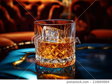 Luxury crystal glass of whiskey with ice on blue table in restaurant lounge.Macro.AI Generative Luxury crystal glass of whiskey with ice on blue table in restaurant lounge.Macro.AI Generative 128669904