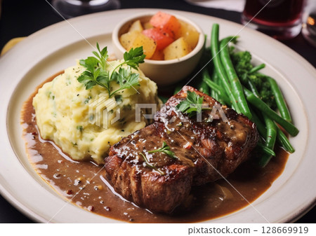 Plate with beef steak in gravy sauce with mashed potatoes and green boiled beans.AI Generative. Plate with beef steak in gravy sauce with mashed potatoes and green boiled beans.AI Generative. 128669919