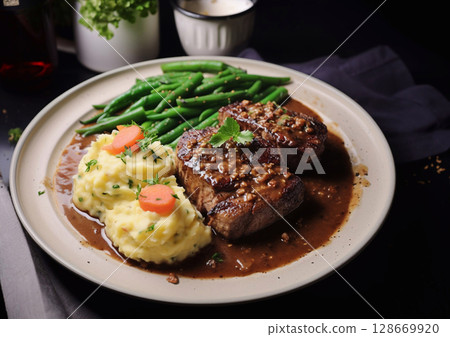 Plate with beef steak in gravy sauce with mashed potatoes and green boiled beans.AI Generative. Plate with beef steak in gravy sauce with mashed potatoes and green boiled beans.AI Generative. 128669920