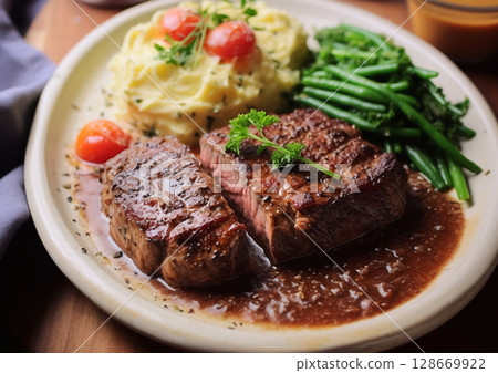 Plate with beef steak in gravy sauce with mashed potatoes and green boiled beans.AI Generative. 128669922