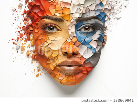 Creative fashion beauty portrait of beautiful woman with makeup on white background.AI Generative. Creative fashion beauty portrait of beautiful woman with makeup on white background.AI Generative. 128669941