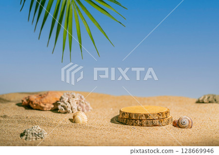 Natural product display scene with wood podiums on beach sand 128669946
