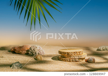 Natural product display scene with wood podiums on beach sand 128669947