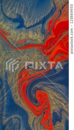 Ink spilling. Color flow. Blur orange blue yellow liquid sparkling pigment chemical water particles spreading on abstract background. Ink spilling. Color flow. Blur orange blue yellow liquid sparkling pigment chemical water particles spreading on abstract background. 128669950