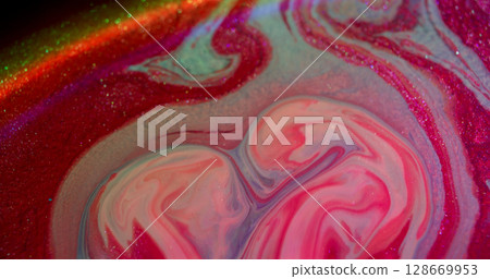 Paint spill. Acrylic texture. Blur pink blue purple color flowing particles green red liquid neon rainbow floating on abstract light background. 128669953