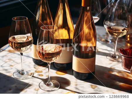Homemade light pink rose wine glasses and bottles on restaurant table on sunny.Macro.AI Generative. 128669968