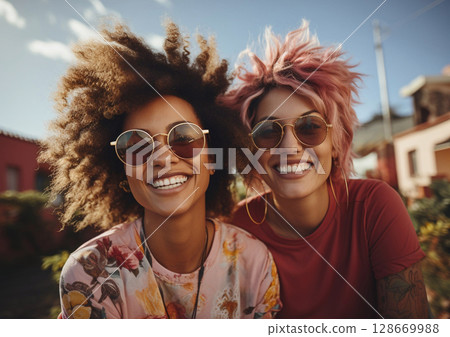 Young happy lesbian couple in love on sunny summer day.LGBT community concept.Macro.AI Generative. 128669988