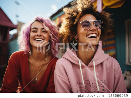 Young happy lesbian couple in love on sunny summer day.LGBT community concept.Macro.AI Generative. 128669989