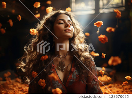 Beautiful woman practicing breathing yoga and zen meditation in room with flowers.AI Generative. 128670055
