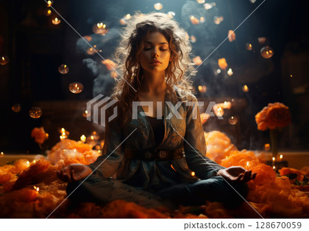 Beautiful woman practicing zen meditation and breathing yog on studio floor.AI Generative. 128670059