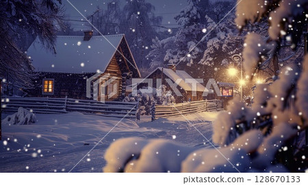 Snow-covered village bathed in soft, warm lights on a tranquil Christmas Eve night. 128670133