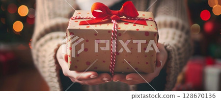 Close-up of a holiday gift being held in hands. Perfect for celebrating Christmas and the New Year. 128670136