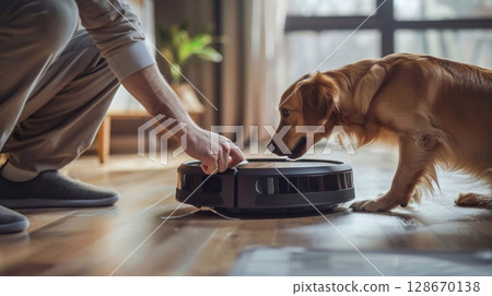 A curious dog watches the robot vacuum cleaner working, captivated by its automated cleaning. A curious dog watches the robot vacuum cleaner working, captivated by its automated cleaning. 128670138