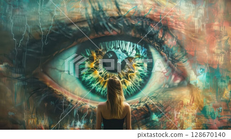 Woman and eye. Psychological Exploration: Delving into the subconscious mind and its hidden truths. Woman and eye. Psychological Exploration: Delving into the subconscious mind and its hidden truths. 128670140