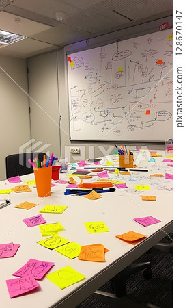 A white board with a lot of colorful sticky notes on it 128670147