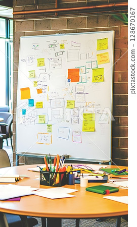 A white board with lots of colorful sticky notes on it A white board with lots of colorful sticky notes on it 128670167