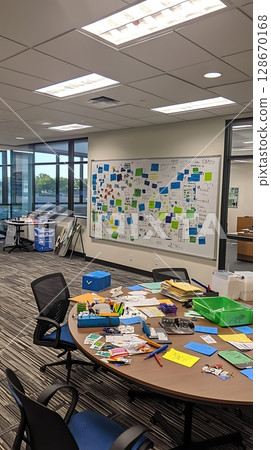 A white board with a map of the world and a bunch of sticky notes on it 128670168