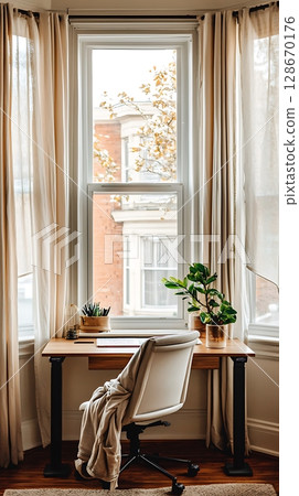 A window with a potted plant and a white chair in front of it 128670176