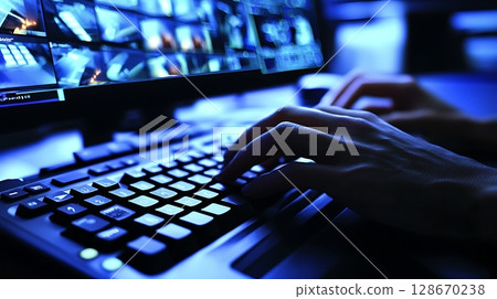 A person is typing on a computer keyboard with a blue screen behind them 128670238