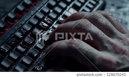 A person is typing on a keyboard with red keys 128670241