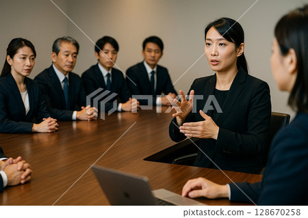 Board meetings + sign language interpretation | Corporate boardrooms with diverse executives 128670258