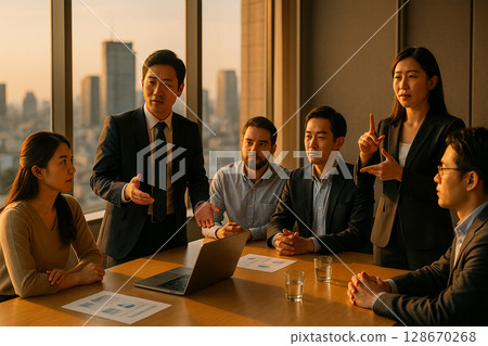 Financial meeting and sign language interpretation | Multinational business scene in the evening Financial meeting and sign language interpretation | Multinational business scene in the evening 128670268