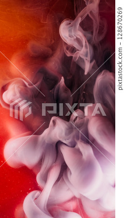 Paint background. Mix color. Defocused purple orange water vapor swirling mist in liquid floating on abstract creative acrylic texture. 128670269