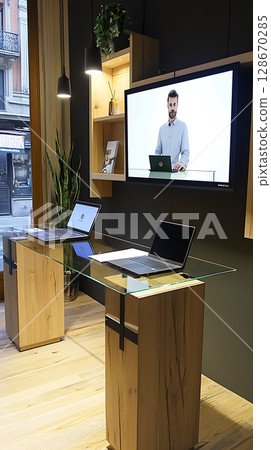 A man is on a laptop in front of a television 128670285