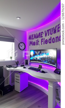 A computer room with a purple wall and a clock on the wall 128670287