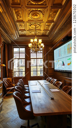 A large room with a wooden table and chairs, and a large screen on the wall 128670302