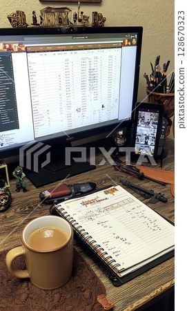 A computer monitor with a calendar on it and a cup of coffee next to it A computer monitor with a calendar on it and a cup of coffee next to it 128670323