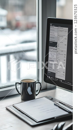 A computer monitor sits on a desk with a cup of coffee next to it A computer monitor sits on a desk with a cup of coffee next to it 128670325
