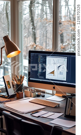 A computer monitor is on a desk with a lamp next to it A computer monitor is on a desk with a lamp next to it 128670326