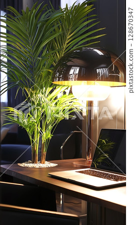 A desk with a laptop and a potted plant A desk with a laptop and a potted plant 128670347