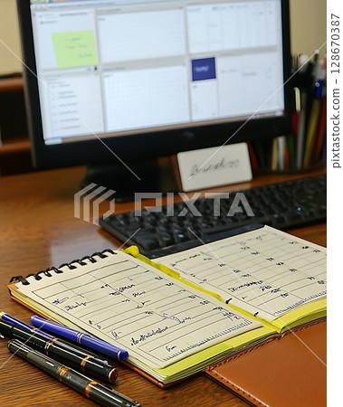 A computer monitor sits on a desk with a notebook and pens 128670387