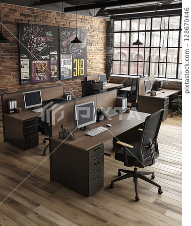 A modern office with a brick wall and a window A modern office with a brick wall and a window 128670446