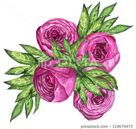 Watercolor peony bouquet illustration. Hand draw flowers illustration. Pink peonies flowers watercolor illustration painting botanical art greeting card stationar. 128670473