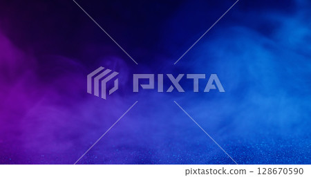 Acrylic fume. Paint texture. Defocused blue purple fluorescent smoke vapor swirling on creative abstract dark black neon background. Acrylic fume. Paint texture. Defocused blue purple fluorescent smoke vapor swirling on creative abstract dark black neon background. 128670590
