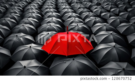 red umbrella among black umbrellas red umbrella among black umbrellas 128670752