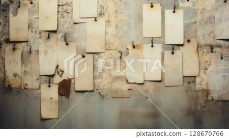vintage tags on grunge wall 128670766