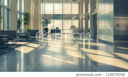 modern office lobby with sunlight streaming through windows 128670768