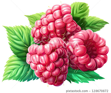 Raspberry Berries with Green Leaves: Illustration on Transparent Background, PNG 128670872
