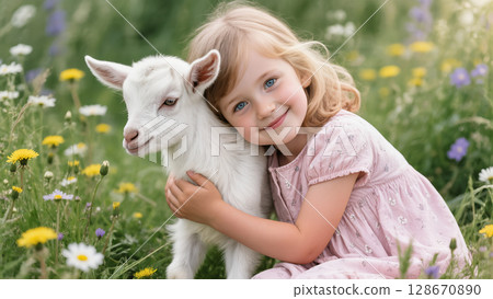 Smiling little girl hugging a baby goat in a blooming meadow filled with wildflowers on a sunny spring day 128670890